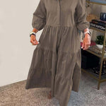 Solid Color Lapel Elastic Cuffs Loose Maxi Dress