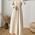 Long-Sleeve High Neck Plain Ribbed Midi A-Line Knit Dress
