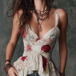 Boho-Vintage Elegant Floral Chiffon Ruffle Top