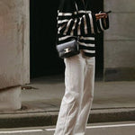 Mock Neck Zip-Up Striped Pullover Sweater