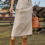 Nadorine Women's Casual High Waist Denim Midi Skirt Drawstring Adjustable Long Jeans Skirt with Pockets