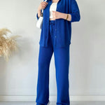 Simple Casual Two-Piece Set Lapel-Neck Shirt+Wide-leg Pants