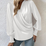 Nadorine Elegant V-neck Lantern Sleeve Blouse Temperament Solid Color Shirt for Women Casual Work Office Loose Fit 2026 | Under $40