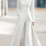 High Waisted Long Sleeves Buttoned Solid Color Split-Front Round-Neck Midi Dresses