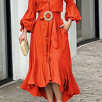 High-Low Puff Sleeves Pleated Solid Color Lapel Collar Maxi Dresses