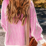 Bright Pink Striped Contrast Trim Loose Sweater