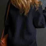 Black Ribbed Knit Drop Sleeve Round Neck Sweater