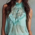 Vintage Elegant Mint Embroidered High-Neck Chiffon Top