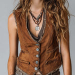 Washed Caramel Denim With Brass Button Stitching Vest