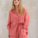 Nadorine 2 Piece Outfits Solid Color Loose Long Sleeve Button-Down Shirt High Waisted Shorts Set