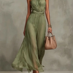 Solid Color Chiffon Halter Maxi Dress