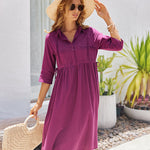 Nadorine Women's Casual Lapel Neck Button Long Sleeve Drawstring Cotton Linen Shirt Dress