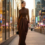 Long Sleeves Buckle Draped High-Neck Evening Dresses Maxi Dresses