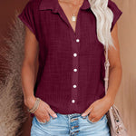 Tunic Lapel V Neck Button Down Tops Cap Sleeve Loose Casual Blouses