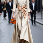 Elegant Long-sleeved Shirt-style Tie Maxi Dress