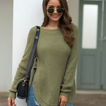 Nadorine Crew Neck Long Sleeve Slit Pullover Knit Sweater