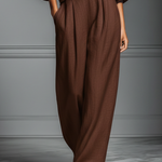 Women's Brown Cotton And Linen Blend Oversized Short-Sleeve Blouse & Wide-Leg Pants Set