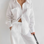 Loose Fit Turn-Down Collar Long-Sleeved Shirt and Wide-Leg Pants Two-Piece Lounge Set