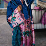 Seaside Stroll Satin Unique Print Button Up Long Sleeve Slit Kaftan Midi Dress