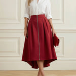 A-Line High-Low Pleated Pockets Solid Color Zipper Skirts Bottoms