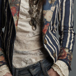 Bohemian Striped Blazer with Floral Print in Cotton and Linen