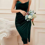 Slit Pleated Velvet Slip Evening Dress
