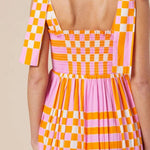 Pink Tie Strap Plaid & Striped Smocked Maxi Dress