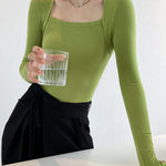 Long Sleeves Skinny Solid Color Square-Neck T-Shirts Tops