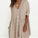 Half Sleeve Summer Shirt Dress V Neck Button Down Casual Loose Flowy Swing Mini Dress with Pockets