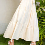 Solid color cotton and linen elastic waist pleated skirt