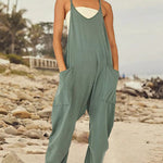 Loose V Neck Harem Jumpsuits Sleeveless Spaghetti Strap Baggy Overalls with Pocket