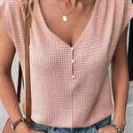 Waffle Casual Solid Color V Neck Button Pullover Women's T-Shirt
