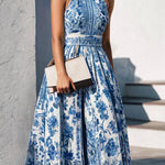 A-Line Loose Flower Print Split-Joint Lapel Maxi Dresses