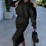 Elegant Two-piece Set Sexy V-neck Off-shoulder Sweatshirt & Sleeveless Knitted Dress Skirt