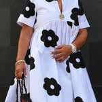 A-Line Loose Flower Print Pleated Split-Joint Round-Neck Midi Dresses