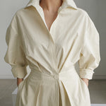 Long Sleeves Loose Buttoned Solid Color Lapel Midi Dresses