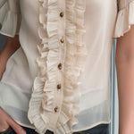 Retro Romantic Puff-Sleeve Champagne Ruffled Chiffon Blouse