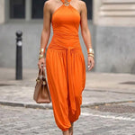Women's Gold Decor Halter Tie Jumpsuit Sexy Backless Ruched Lantern Overalls Casual Vacation Jumpsuit