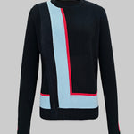 Irregularity Long Sleeves Abstract Printed Asymmetric Contrast Color Ribs Split-Joint Round-Neck Sweater Tops