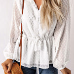 Elegant V-neck Button Tie Waist Polka Dot Blouse