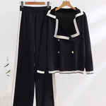 Nadorine Collared Casual Comfort Knitted Set Color-Blocked Long-Sleeve Top and Pants