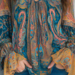Bohemian Teal & Amber Paisley Chiffon Blouse With Ruffled Cuffs