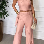 Kathy Linen Blend Cross Halter Smocked Top and Elastic Waist Wrap Tie-up Pants Set