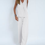 Nadorine Chic Two Pieces Set Casual Sleeveless V-Neck Vest Top with Wide-Leg Pants