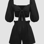 Half Sleeve Knot Front Crop Cardigan Top with Shorts Sets