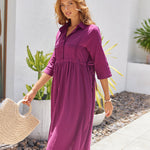 Nadorine Women's Casual Lapel Neck Button Long Sleeve Drawstring Cotton Linen Shirt Dress