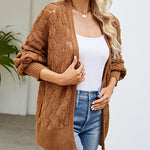 Solid Color Hollowed Out Knitted Cardigan Loose V-Neck Long Sleeved Cardigan Top