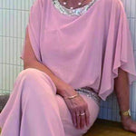 Stylish Sequin Patchwork Dolman Sleeve Top and Elastic Waist Wide Leg Pants Set