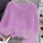 Luna ��� Fluffy Heart-Button Knit Sweater