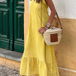 Sleeveless v-neck casual patchwork dress with ruffles